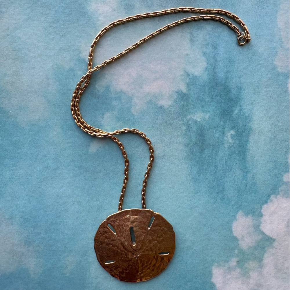 Vintage Gold Sand Dollar  Necklace with Silver Chain